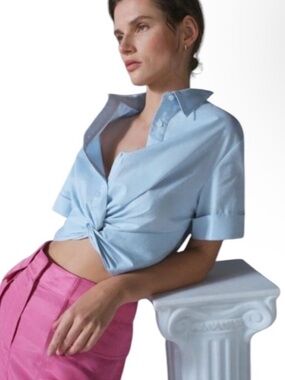 Mare Mare x Anthropologie Twist Front Cropped Light Blue Cotton Blouse X-Large